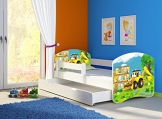 Clamaro 'Fantasia Weiß' Motiv Kinderbett Komplett Set 140 x 70 cm inkl. Matratze, Lattenrost und Bettkasten Unterbett Schublade auf Rollen, Kantenschutzleisten umlaufend, extra Rausfallschutz Seitenteil (verstellbar), Seitenteile: Weiß, Design: 20 Bagger - 1