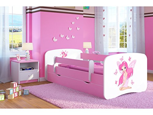 Kocot Kids Kinderbett Jugendbett 70x140 80x160 80x180 Rosa mit Rausfallschutz Matratze Schubalde und Lattenrost Kinderbetten für Mädchen - Fee mit Schmetterlingen 160 cm - 1