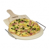 Relaxdays Pizzastein Set 1 cm Stärke mit Metallhalter und Pizzaschieber aus Holz HBT 4 x 32 x 32 cm runder Brotbackstein für Pizza und Flammkuchen mit Pizzaschaufel für Pizzaofen, natur - 1